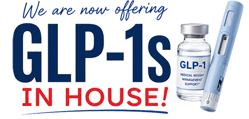 Graphic with the text "We are now offering GLP-1s in house!" with a photo of a GLP-1 shot.