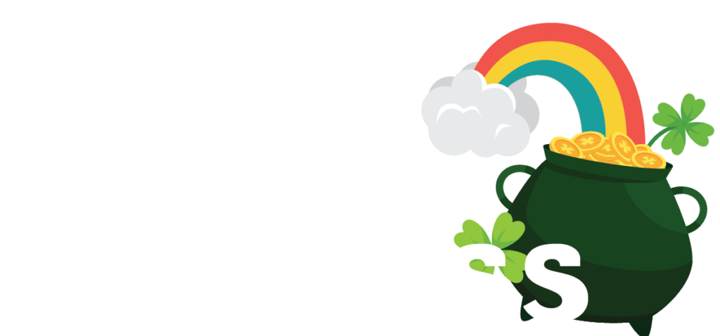 Text reading "March Madness" with a pot of gold and rainbow